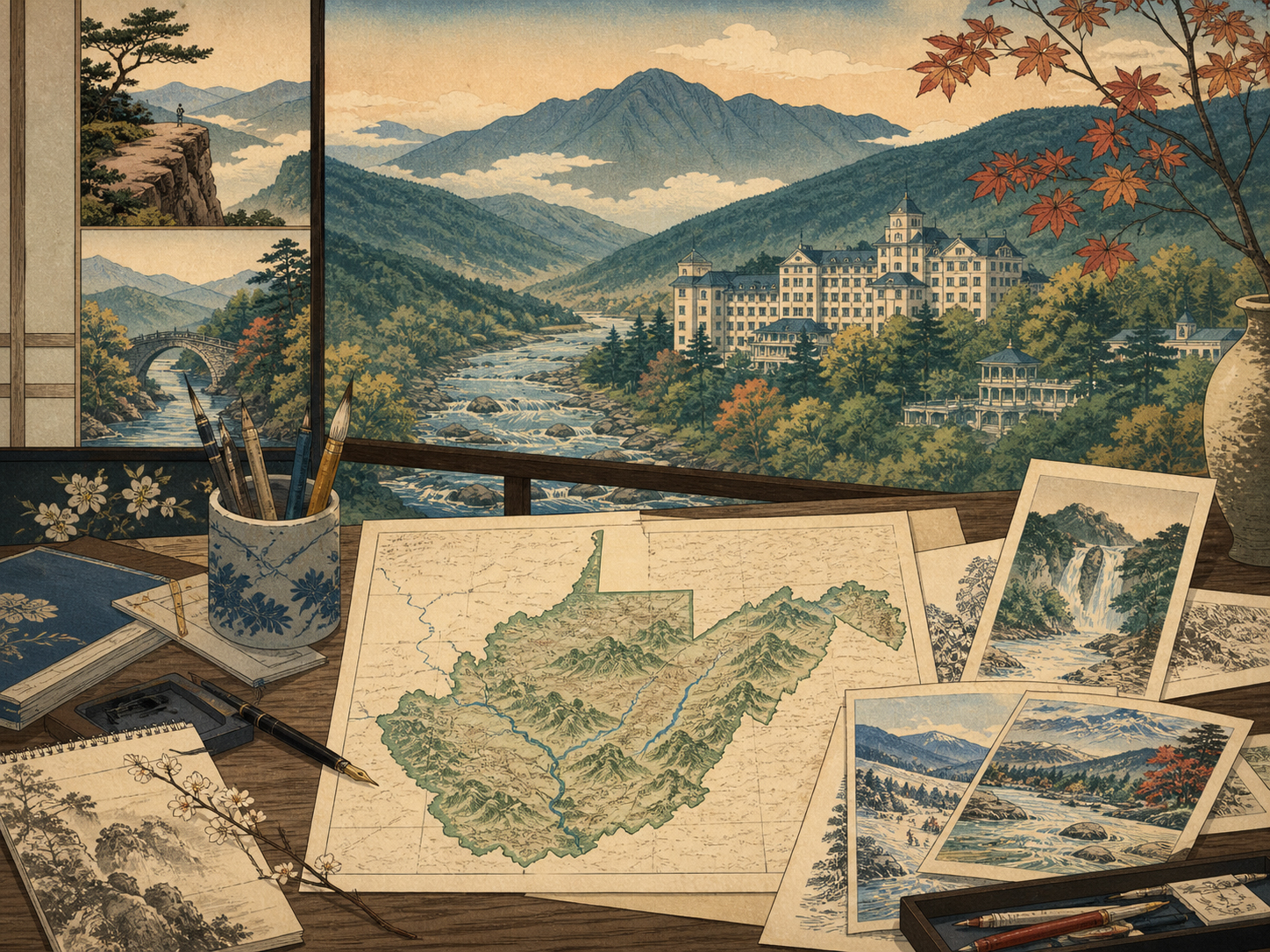 ウェストバージニアの地図、山、川、橋、宿、編集机を描いた日本木版画調の広告掲載イメージ