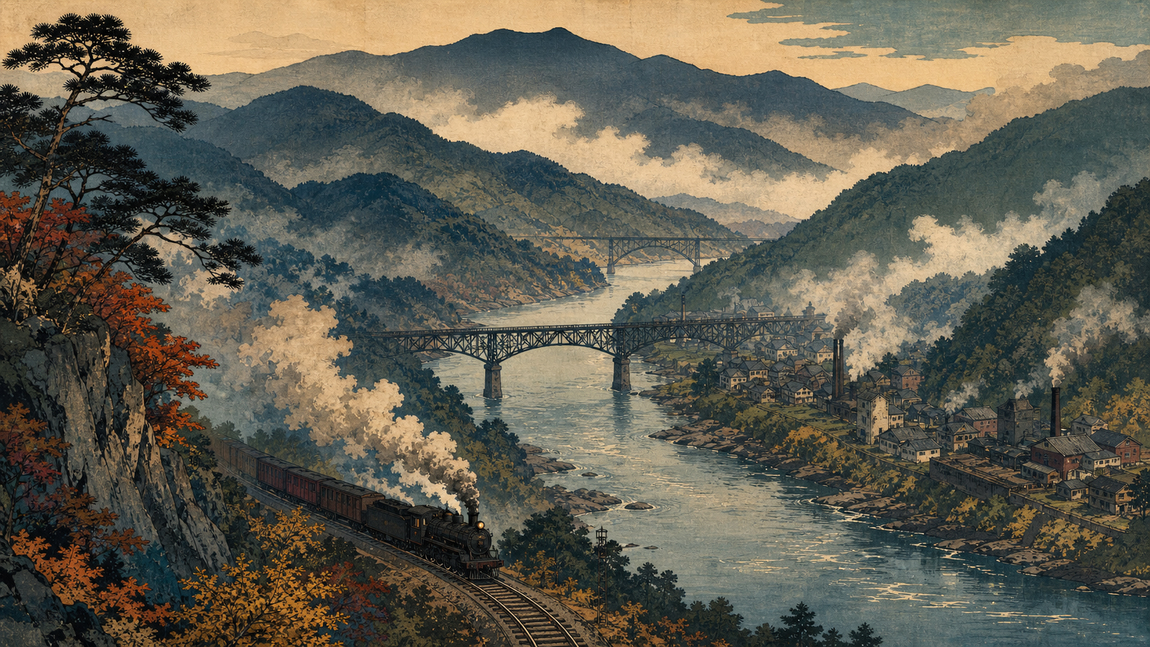 山、川、橋、鉄道が重なるウェストバージニアの木版画調風景