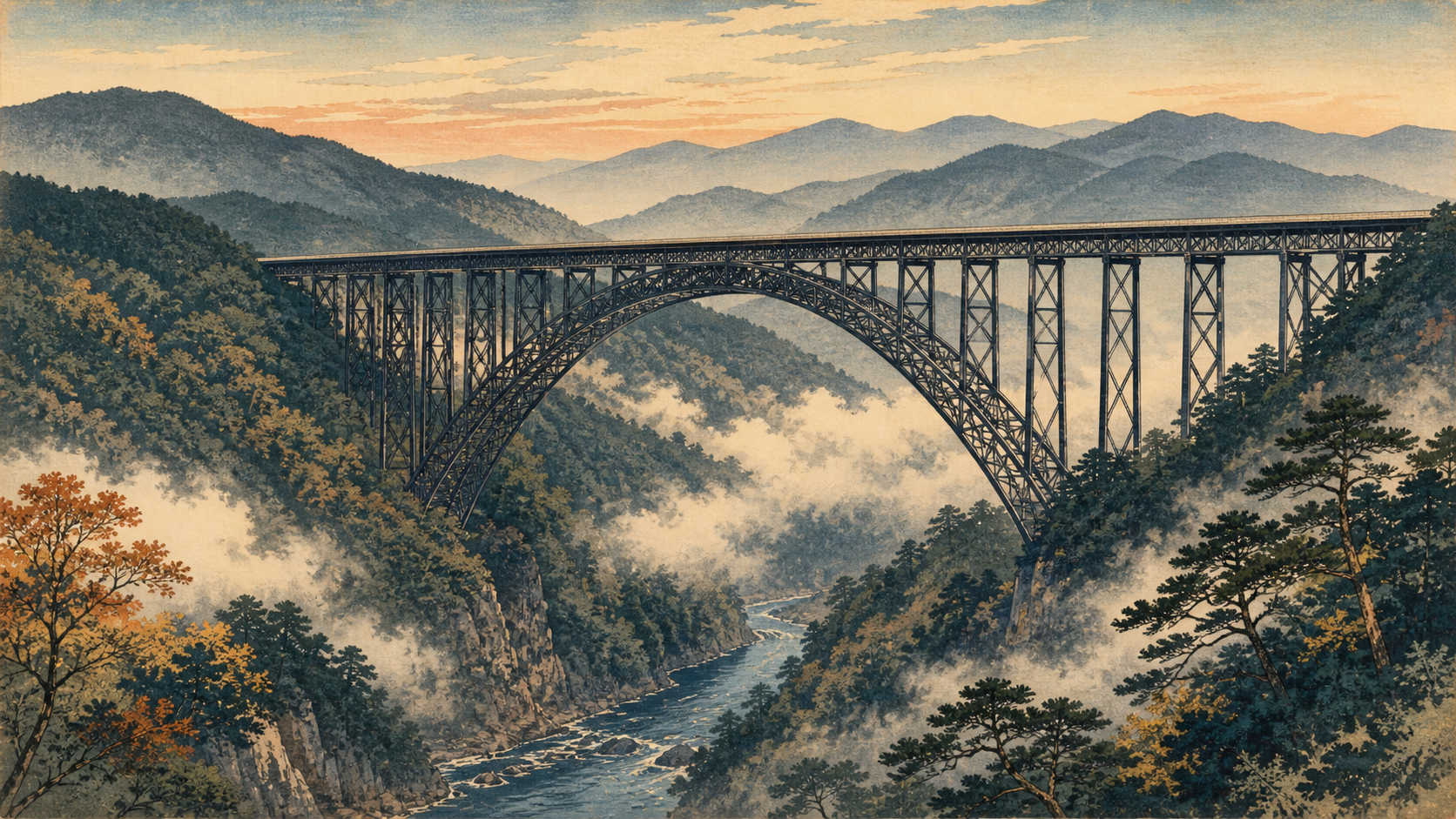 霧に包まれたニューリバー・ゴージ橋とウェストバージニアの山河を描いた日本木版画調の風景